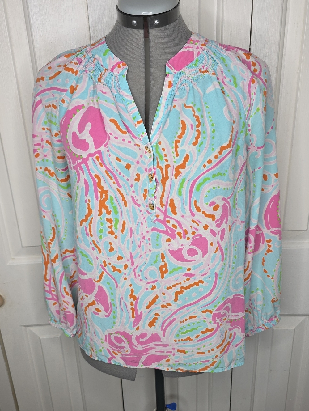 Lilly Pulitzer Elsa Jellies Be Jammin Silk Pastel Peasant Blouse Size S